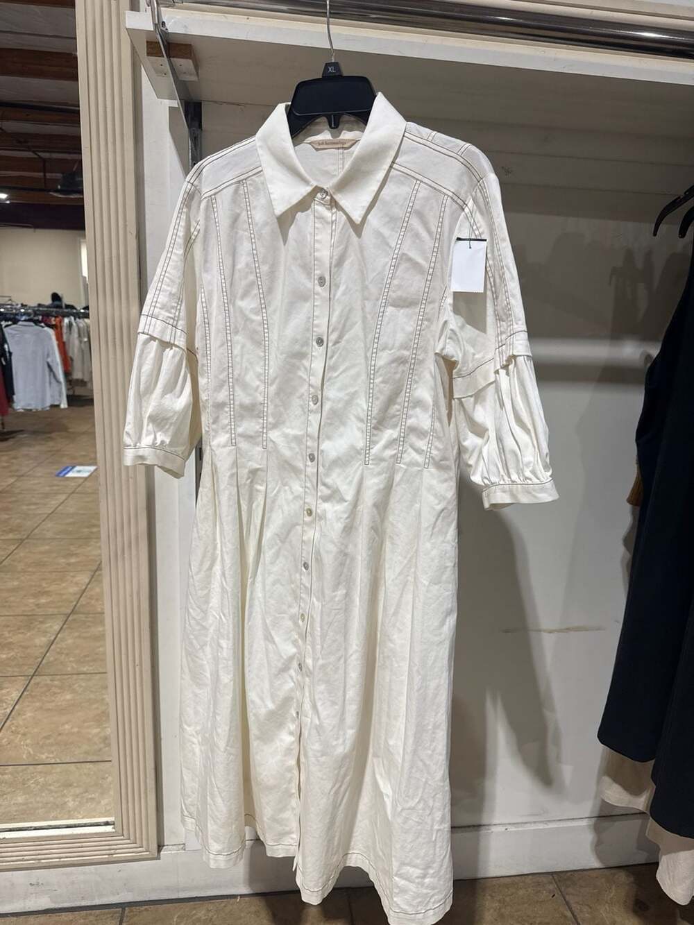 Soft Surroundings White Contrast Stitch Puff Sleeve Button-Down Midi Shirtdress